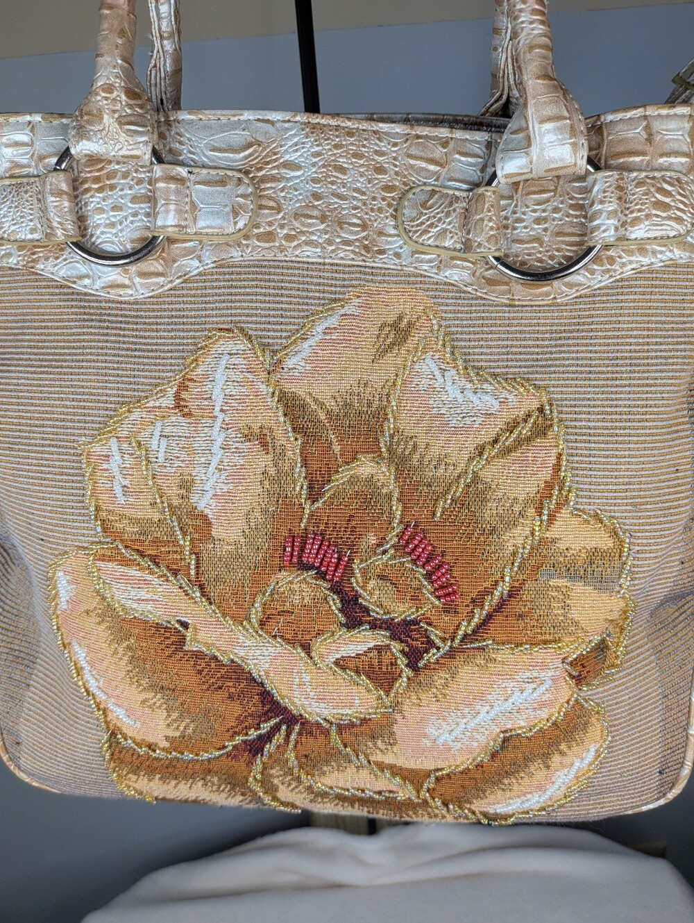 Mellow World Gold Beaded Floral Tapestry Tote Bag Croc Trim Shoulder Purse